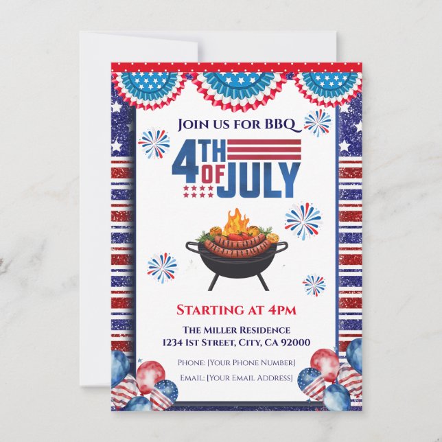 4th Of July BBQ Invitation, Party In USA Invite (Front)