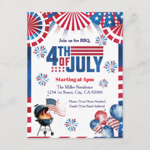 4th Of July BBQ Invitation, Party In USA Invite Postcard