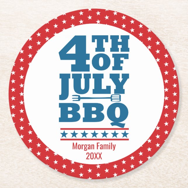 4th of July BBQ Party Custom Family name Round Paper Coaster (Front)