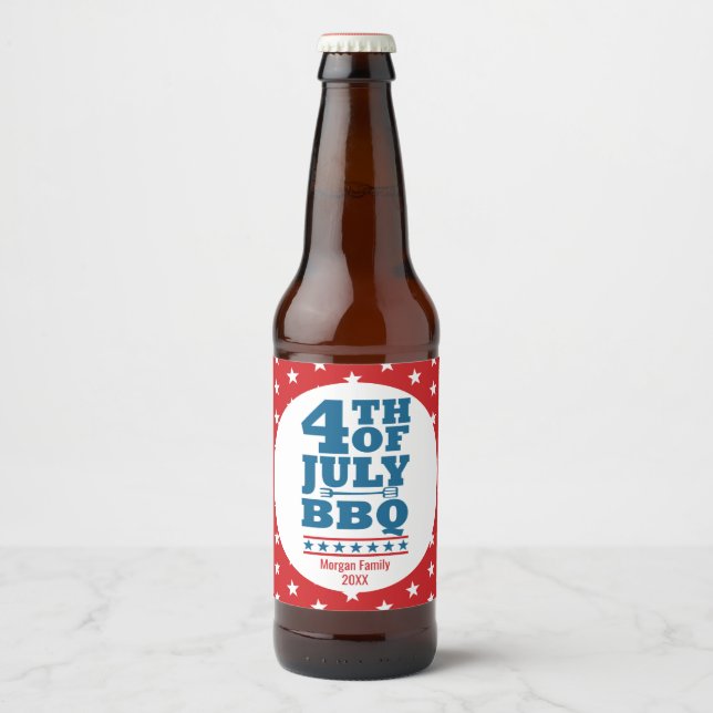 4th of July BBQ Party Personalised Red Star Beer Bottle Label (Front)