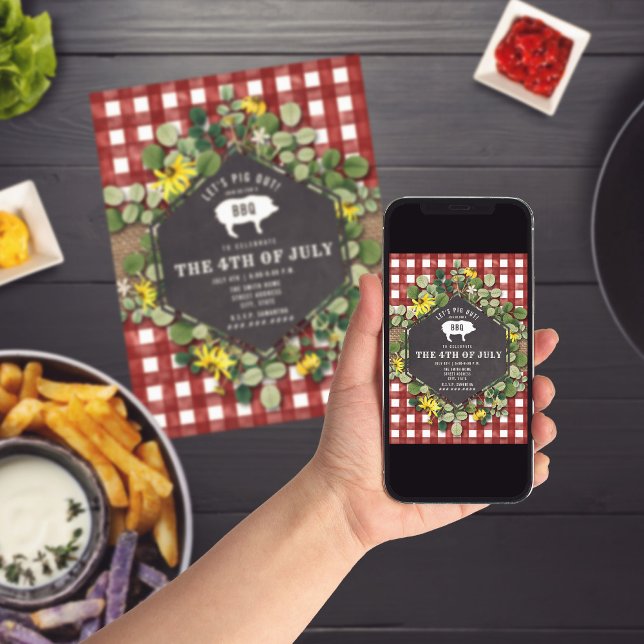 4th of July BBQ Pig Wildflower Red Gingham Party Invitation (Creator Uploaded)