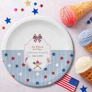 4th of July BBQ Red White Blue Stripes Patriotic Paper Plate