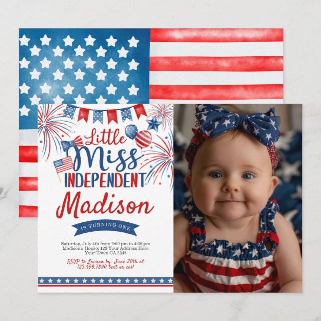 4th of July Birthday, Little Miss Independent Invitation (Front/Back)