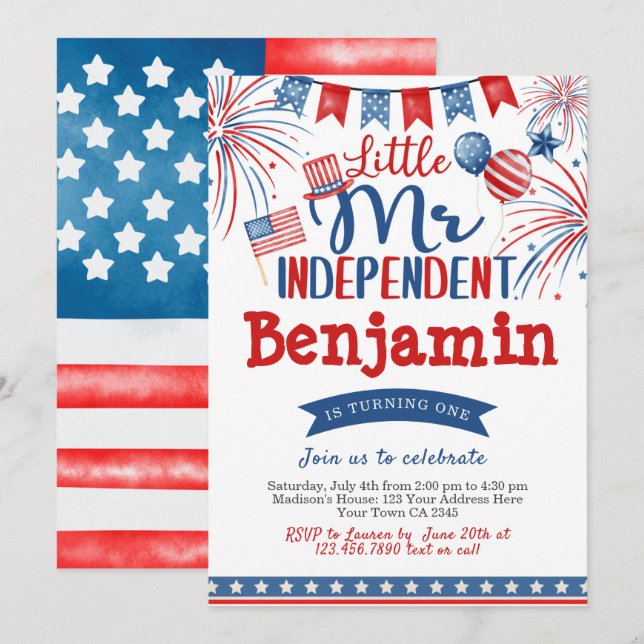 4th of July Birthday, Mr Independent Invitation (Front/Back)