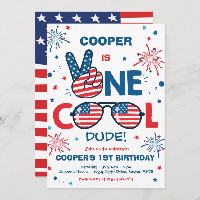 4th Of July Birthday One Cool Dude 1st Birthday  Invitation (Front/Back)