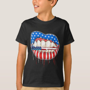 4th Of July Bite The Bullet Lips American Flag  T-Shirt