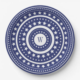 4th Of July Blue Stars Monogram Party Paper Plates