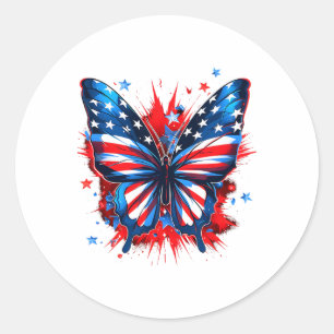 4th Of July Butterfly Usa Flag Cute American Women Classic Round Sticker