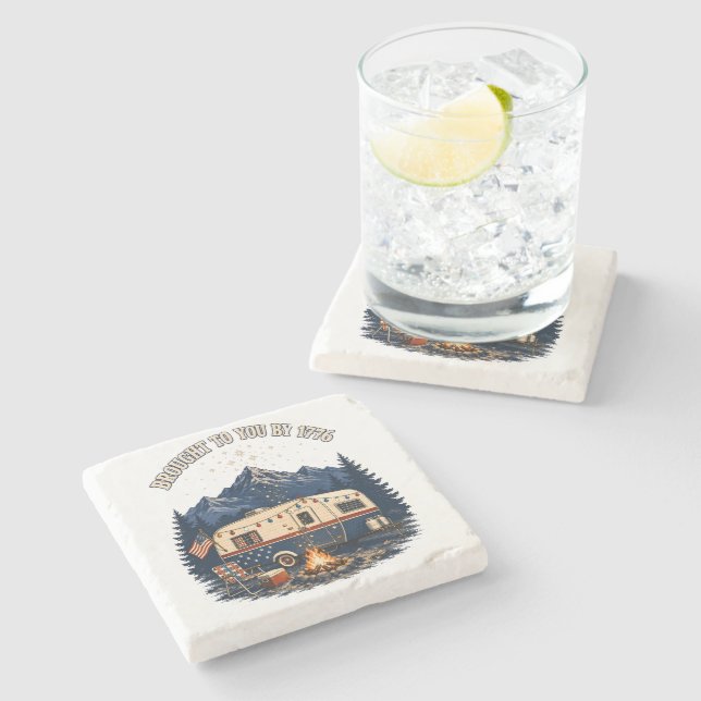 4th Of July Camping Trailer Mountains Stone Coaster (Side)