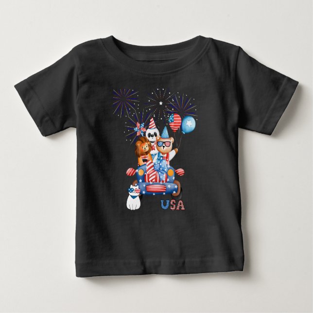 4Th of July Car Panda Bear & Lion  Baby T-Shirt (Front)
