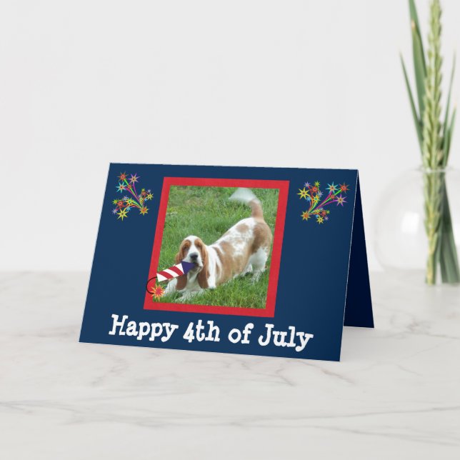 4th of July Card with Basset Hound and Rocket (Front)