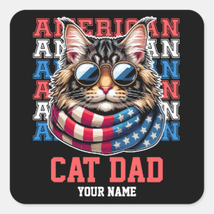 4th of July Cat in Glasses Cat Dad Personalised Square Sticker