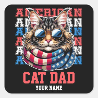4th of July Cat in Glasses Cat Dad Personalised Square Sticker