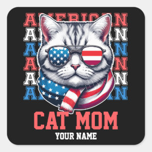 4th of July Cat in Glasses Cat Mum Personalised Square Sticker