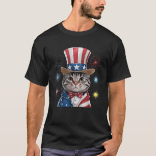 4th of July Cat in Uncle Hat Sam Patriotic Firewor T-Shirt