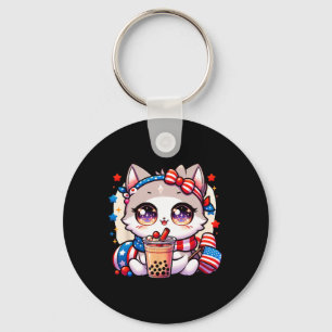 4th Of July Cat Shirt Girls Kawaii Anime Boba Tea Key Ring