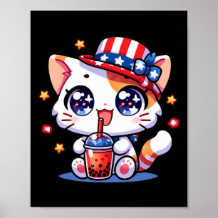 4th Of July Cat Shirt Girls Kids Kawaii Anime Boba Poster