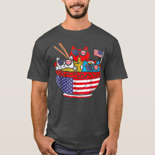 4th Of July  Cats Eat Ramen Anime American Flag US T-Shirt