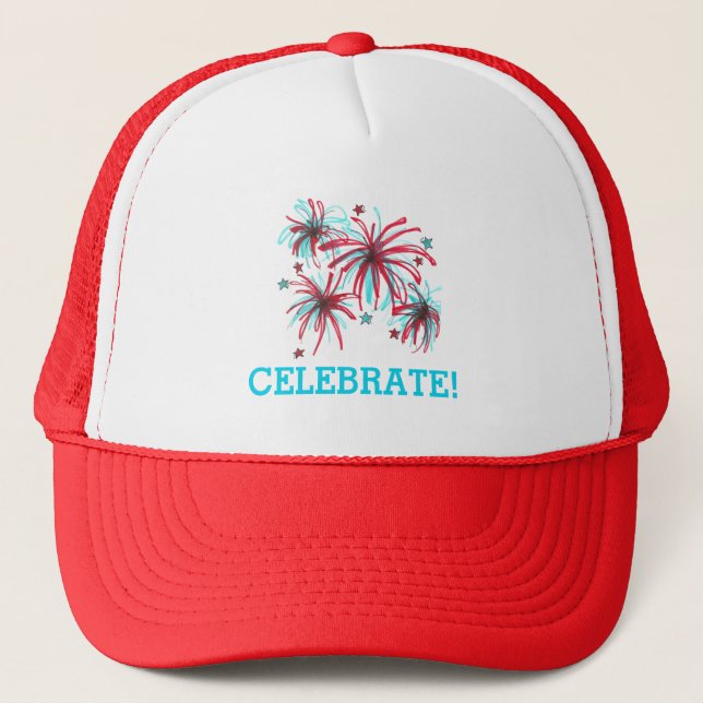 4th of July Celebrate Fireworks Patriotic America Trucker Hat (Front)