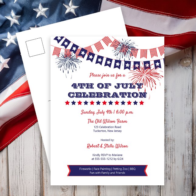 4th of July Celebration Fireworks | Bunting Invite Postcard (4th of July Celebration Fireworks Bunting Postcard Invite)