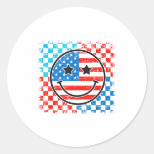4th Of July Checkered Smile Face Red White Blue Us Classic Round Sticker