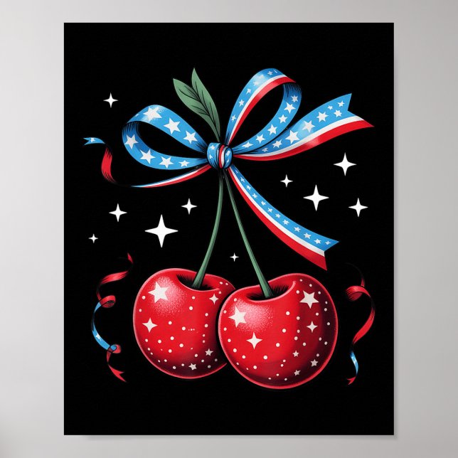 4th Of July Cherries Coquette Bow Patriotic Cherry Poster (Front)