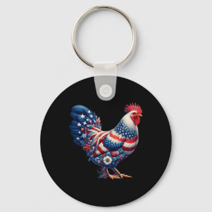 4th Of July Chicken Patriotic Usa Flag Floral Chic Key Ring