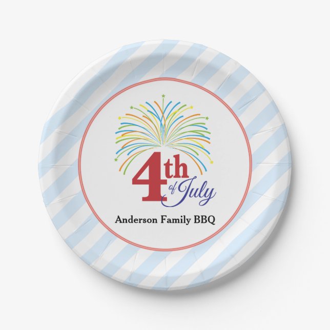 4th of July Colourful Fireworks Personalised Paper Plate (Front)