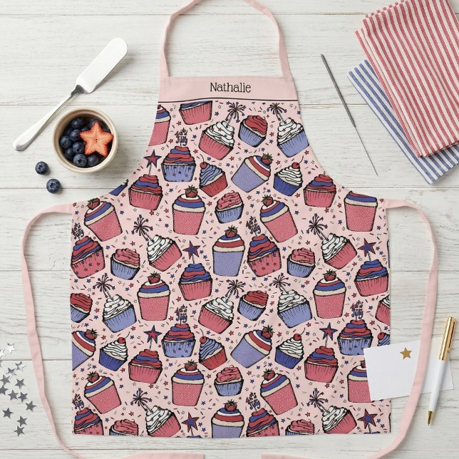 4th of July Cupcakes Pink Patriotic Apron (Modern 4th of July Cupcakes Pink Patriotic Baking and Cooking Apron for Her)