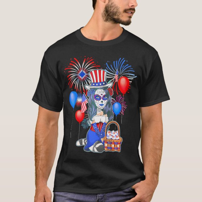 4Th Of July Cute Anime Sugar Skull Manga n Girls W T-Shirt (Front)