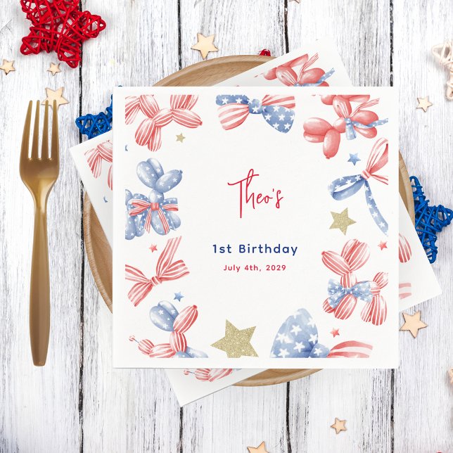 4th of July Cute Balloon Bow 1st Birthday Party Napkin (Creator Uploaded)
