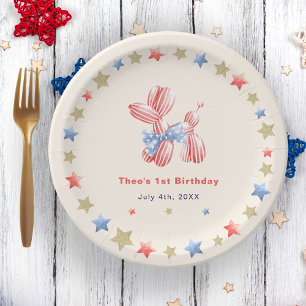4th of July Cute Balloon Star 1st Birthday Party Paper Plate