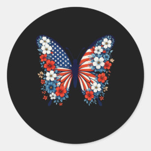 4th Of July Cute Butterfly Flower Red White Blue U Classic Round Sticker