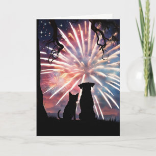 4th of July Cute Dog and Cat Watching Fireworks Card