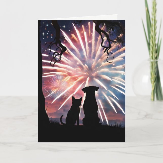 4th of July Cute Dog and Cat Watching Fireworks  Card (Front)