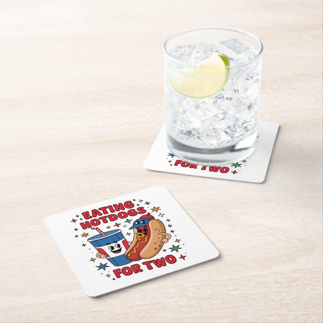 4th Of July Cute Hotdogs Square Paper Coaster (Insitu)