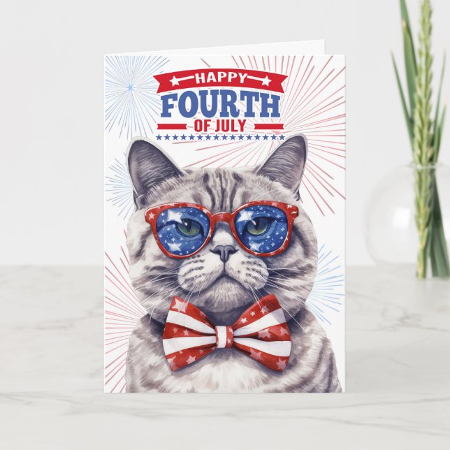 4th of July Cute Patriotic Cat Holiday Card (Front)
