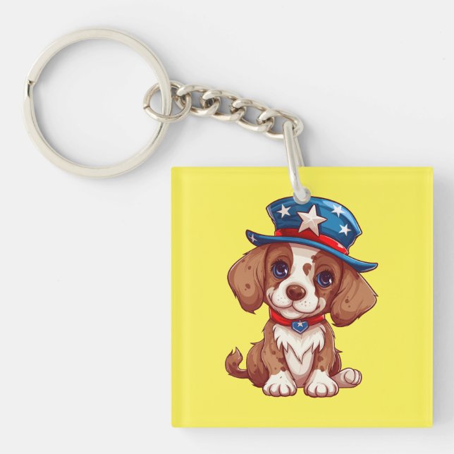 4th of July Cute Puppy With American Hat-71009 Key Ring (Front)