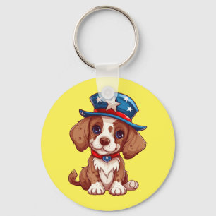 4th of July Cute Puppy With American Hat-71009 Key Ring