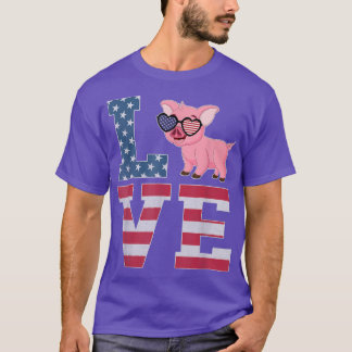 4th of July Decor Patriotic LOVE Pig American Flag T-Shirt