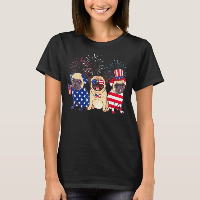 4th Of July Dog Three Pug Dogs Cool American Flag  T-Shirt (Front)