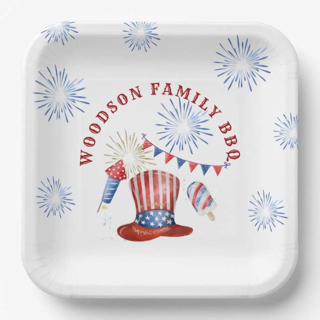 4th Of July Family BBQ Family Name  Paper Plate (Front)