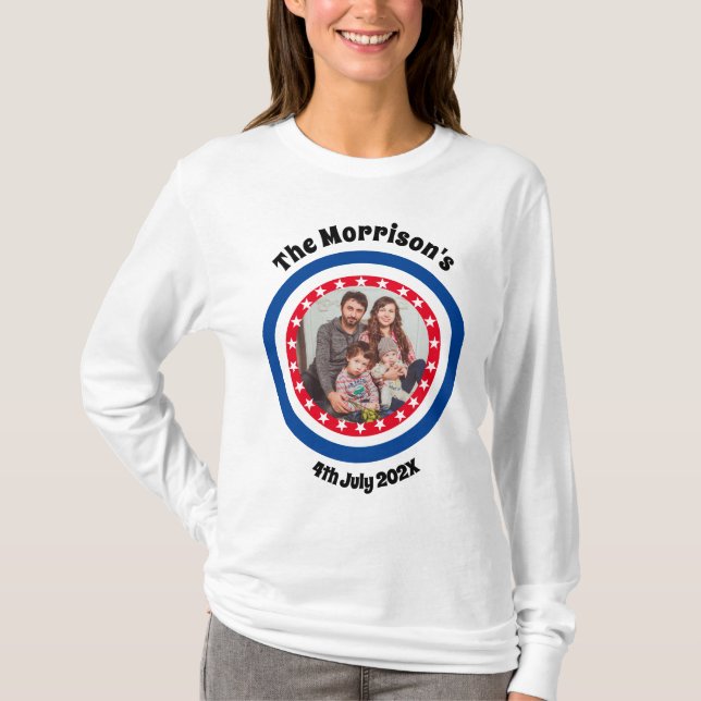 4th of July Family Photo Name Red and Blue T-Shirt (Front)