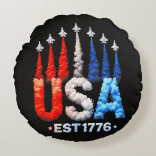 4th Of July Fighter Jets Usa Patriotic Round Cushion