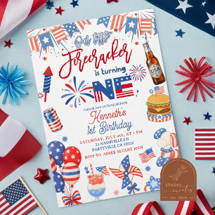 4th of July Firecracker is turning one birthday Invitation