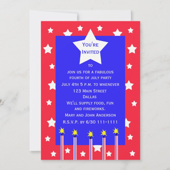 4th of July Firework and Stars Party Invitation (Front)