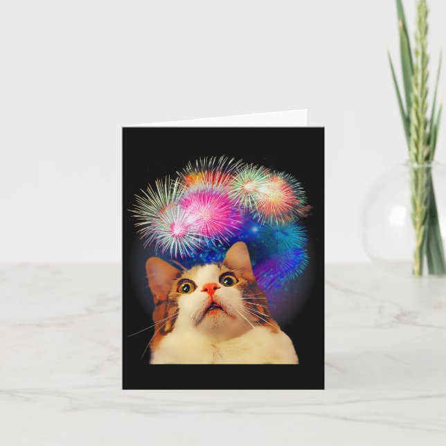 4th Of July Fireworks Enthraled Cat  Card (Front)