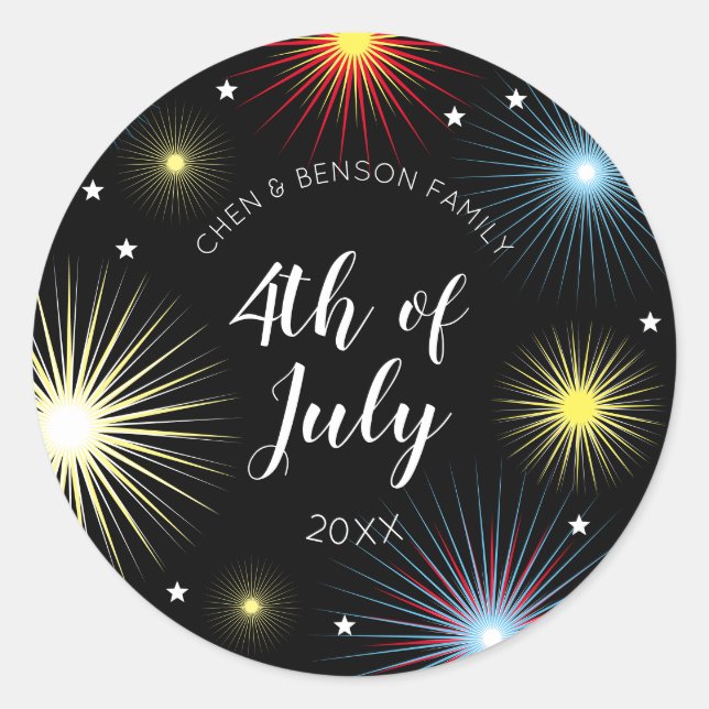 4th of July Fireworks Family Party Classic Round Sticker (Front)