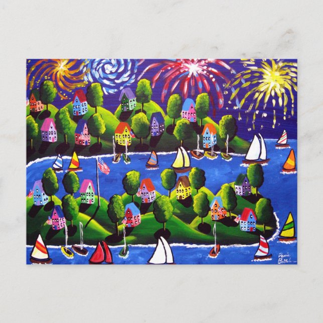 4th of July Fireworks Folk Art Postcard (Front)