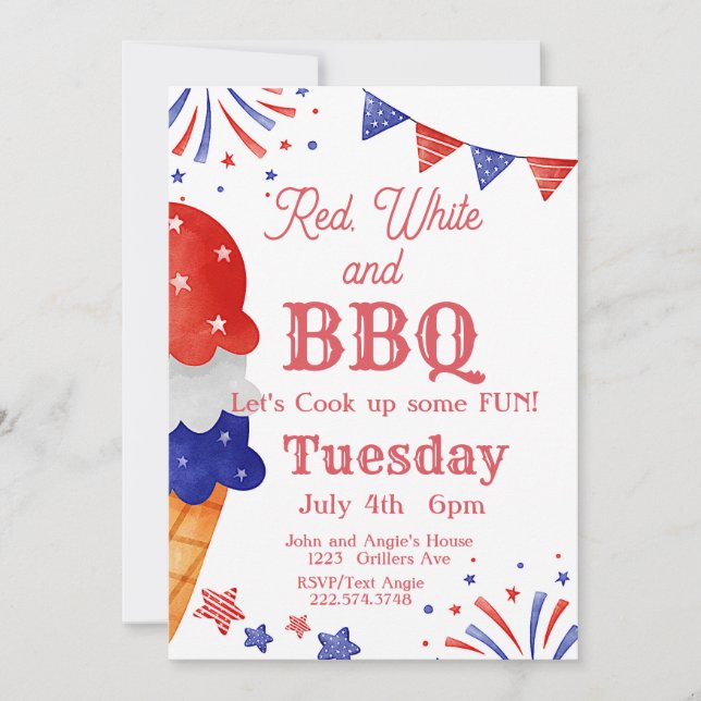 4th of July, Fireworks, Ice Cream Invitation (Front)